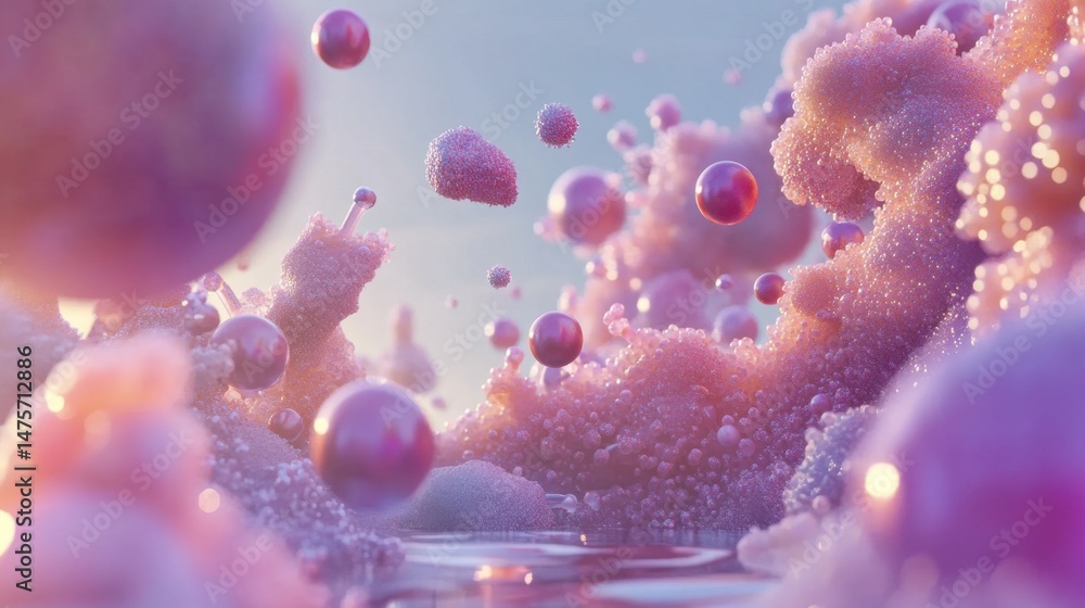 Poster abstract biotechnology background with floating particles and simplified molecular symbols