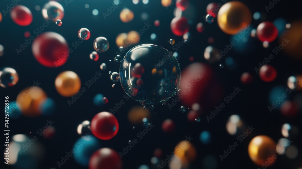Poster abstract biotechnology background with floating particles and simplified molecular symbols