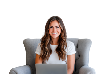 Woman sitting on a arm chair with laptop isolated on transparent background