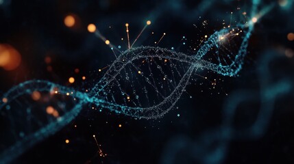Artistic molecular biology illustration with transparent DNA structure and colored atoms