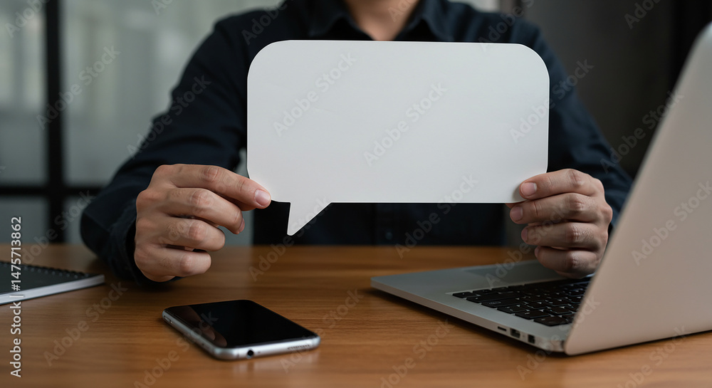 Poster man holding a speech bubble in front of a laptop with a phone and notebook on a wooden table
