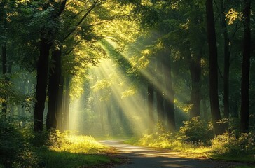 Sunlight beams streaming through tall trees onto a forest path surrounded by lush green vegetation, creating a serene and peaceful atmosphere