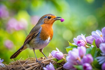 Fototapeta premium Drone View: Robin Building Nest, Spring Flowers Blurred Background