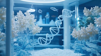 Biotechnology concept with molecular structures and D double helix models floating in a sterile lab setting