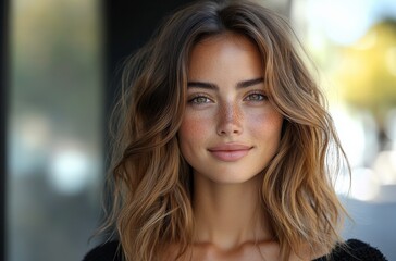 Obraz premium Beautiful woman with wavy hair and freckles smiling gently, soft lighting, natural makeup, portrait on a blurred outdoor background, showcasing joy and warmth