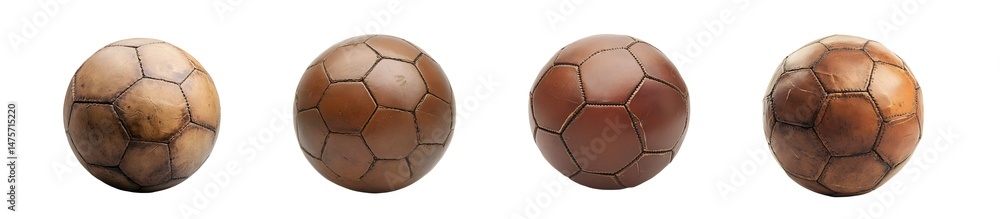 Poster set of vintage leather soccer balls displayed in a horizontal row. isolated on transparent backgroun