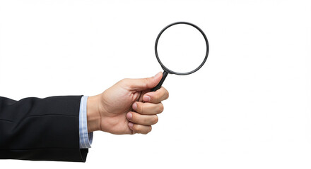 A hand in a suit holding a magnifying glass against a plain white background in a studio setting
