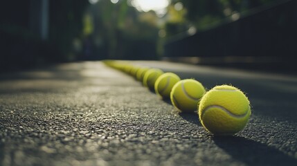Row of tennis balls aligned on a dark asphalt surface leading into a blurred background outdoors scene