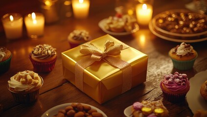 Naklejka premium Golden Gift with Sweets, Candles, and Table.