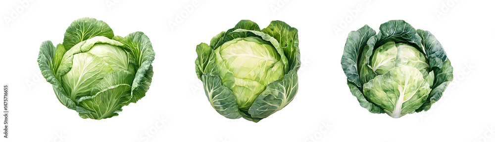 Poster set of whole heads of green cabbage are shown in a horizontal row. isolated on transparent backgroun