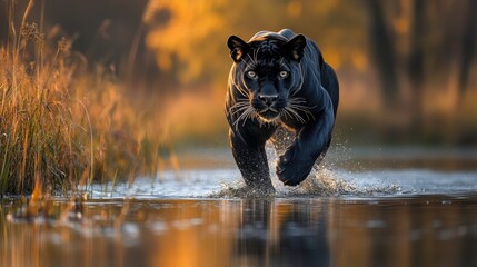 Black Panther Running Through Water in Golden Light During Sunset with Reflections and Vibrant Grass Surrounding the Riverbank
