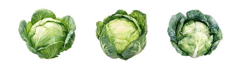 Set of whole heads of green cabbage are shown in a horizontal row. isolated on transparent background
