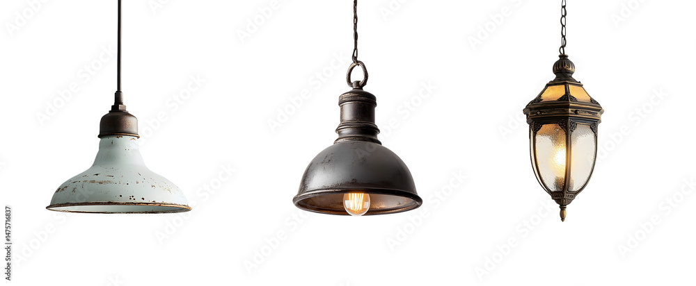 Poster set of different styles of hanging lights, perfect for a home interior design project. isolated on t