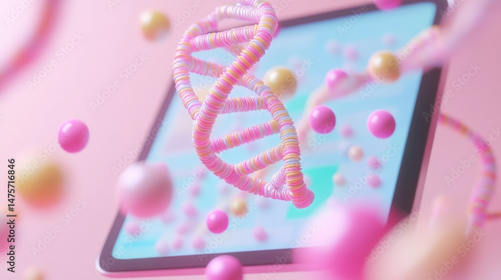 Poster color-coded d dna model hovering above a tablet displaying genetic research