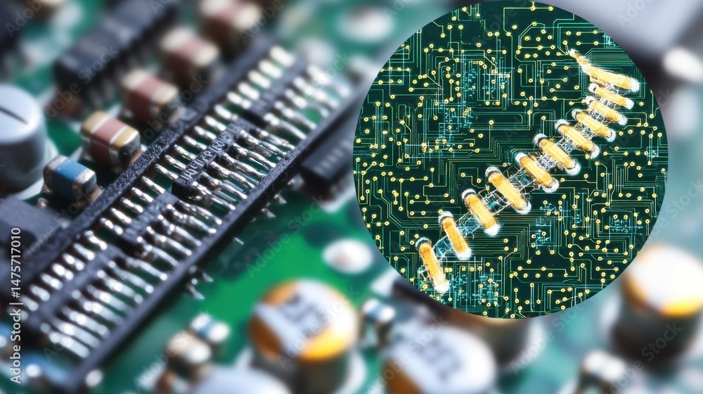 Poster computer chip and dna strand hybrid image showing biotech integration concept