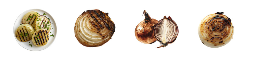 Set of Grilled onion and potato portions displayed on white plates, isolated on transparent background