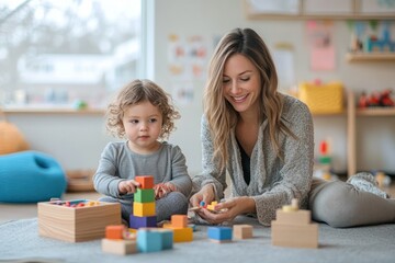 Obraz premium Smiling woman and toddler playing with colorful wooden blocks on a soft carpet in a bright and cozy room