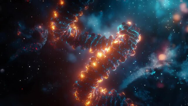 DNA double helix genetic material. Gene sequencing abstract design. Floating in space background, 
science, abstract, biology, biotechnology, molecular, health, genetic