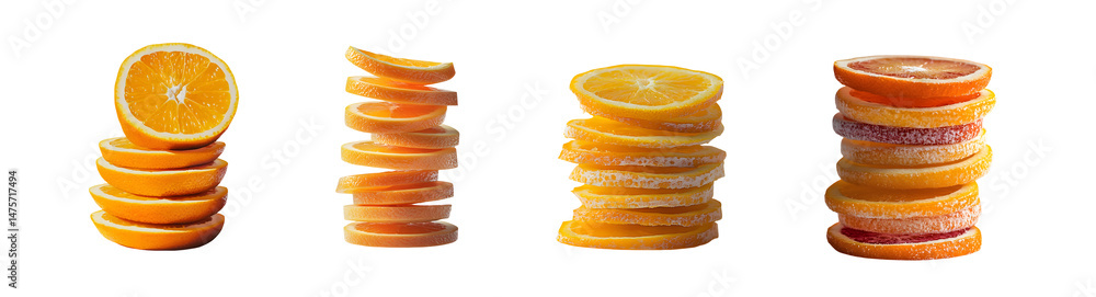 Poster Set of Citrus fruit slices in vertical stacks isolated on transparent background