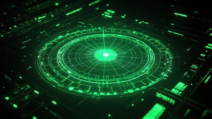 Glowing green futuristic radar screen interface with circular grid patterns and digital data elements on black background