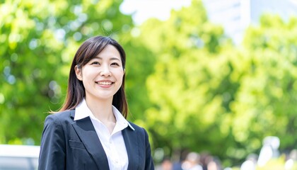 新緑の中、笑顔の新入社員の若い女性・ビジネスウーマン