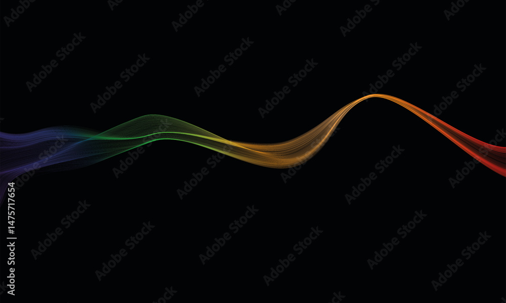 Poster colourful wavy flowing curve pattern by rainbow gradient on dark black background. abstract element 