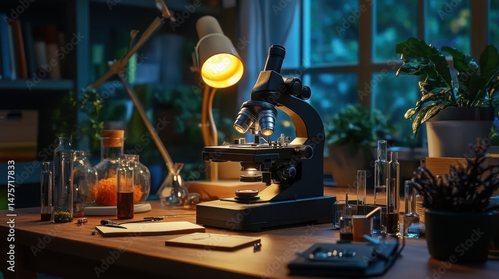 Poster dissecting microscope with dual lighting sources on a wooden desk in a plant science lab