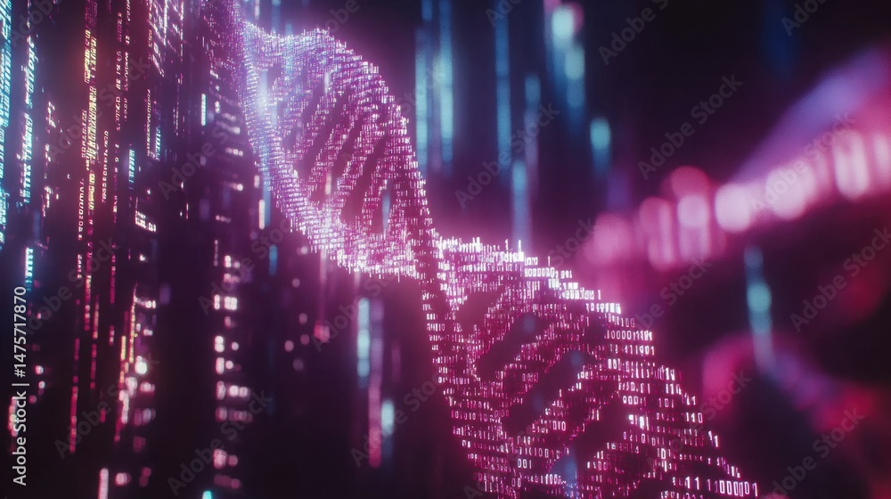 Poster dna double helix uncoiling across a digital screen with genetic code in background