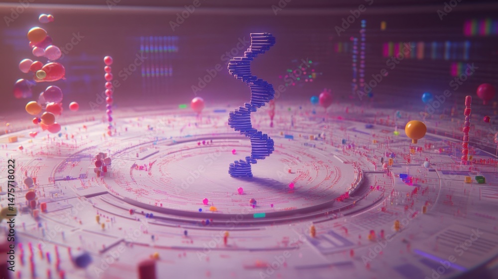Poster dna helix model surrounded by genetic data projections and rd documentation