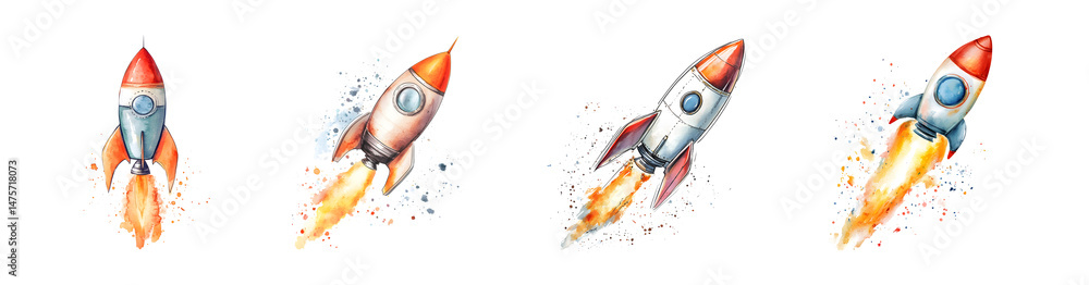 Poster set of colorful rocket launches in a burst of motion. isolated on transparent background
