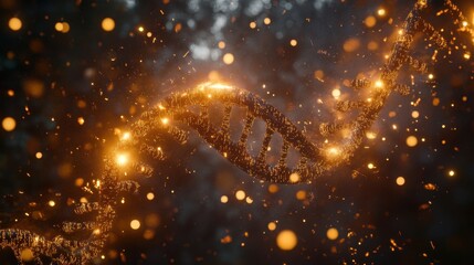 Obraz premium Double helix DNA structure with binary code and digital particles in background