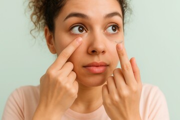 Young woman putting contact lenses in her eyes: close-up of a person applying contact lenses