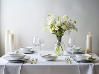 Elegant White Dinner Table Setting: Minimalist Wedding Reception Decor
