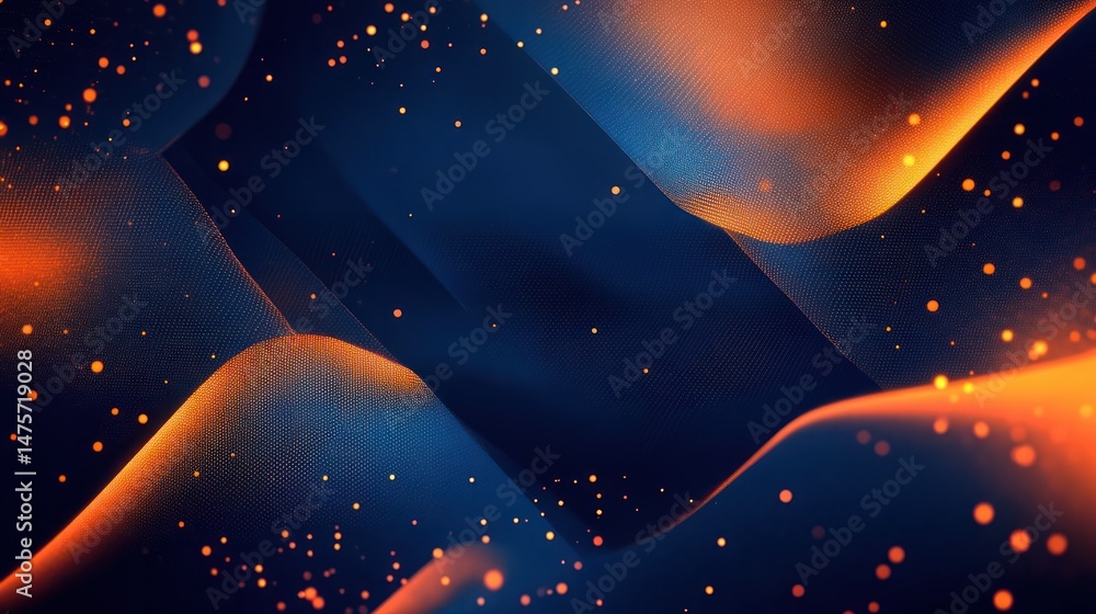 Poster abstract digital artwork featuring smooth flowing blue and orange waves with numerous glowing orange