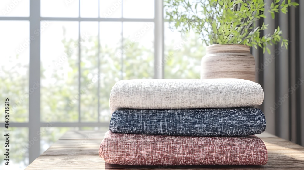 Poster stacked textiles displayed near a window.