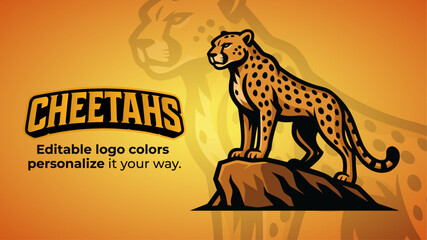 Standing Cheetah Mascot Logo – Wild Spotted Cat on Rock Vector Design for Sports and Esports Branding  © Giu Studios