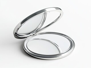 Compact mirror, silver-rimmed, open, showing reflection