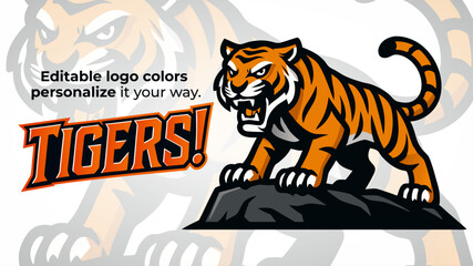 Tiger Mascot Standing on Rock &ndash; Fierce Jungle Predator Logo Vector for Sports and Esports Teams

