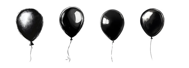 Set of black glossy balloons isolated on transparent background