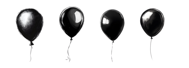 Set of black glossy balloons isolated on transparent background