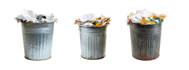 Set of overflowing metal waste receptacles. isolated on transparent background