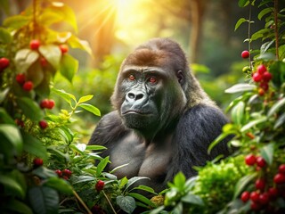 Obraz premium Endangered Gorilla Eating Wild Berries in Lush Jungle Habitat