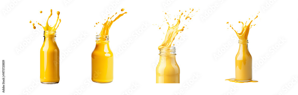 Poster set of vibrant yellow drink in bottles with splashing liquid. isolated on transparent background