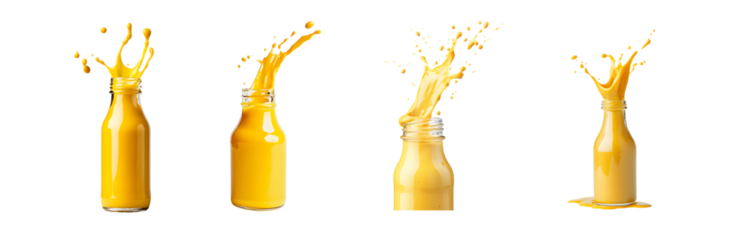 Set of Vibrant yellow drink in bottles with splashing liquid. isolated on transparent background