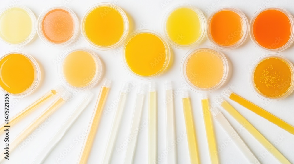 Poster microbiology culture setup with labeled bacteria plates and inoculation loops arranged neatly