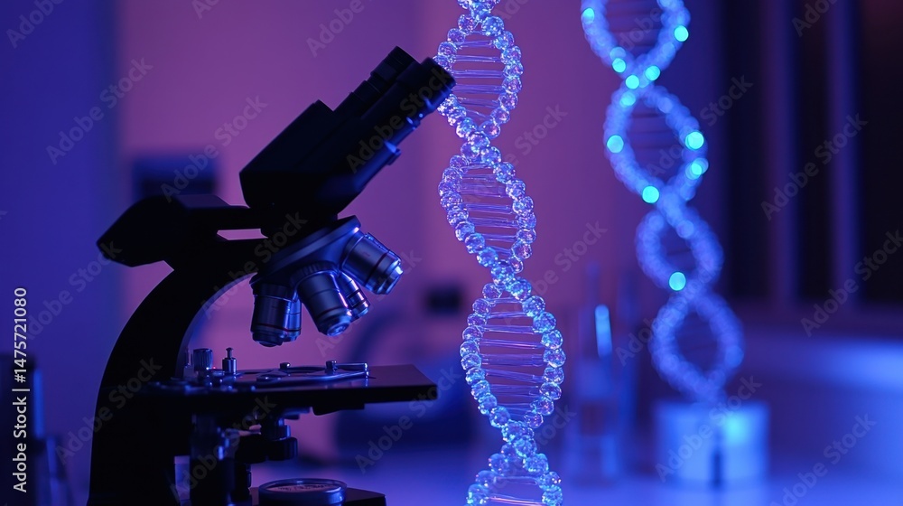 Poster microscope-focused research bench in a science lab with dna models in the background