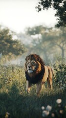 Lion in grassy field with soft sunlight