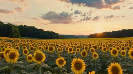 Fototapeta premium Sunflower Field Under Golden Hour Sky with Bees Pollinating Blooms