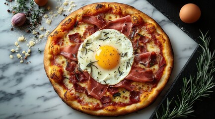 Freshly baked pizza topped with melted cheese, slices of ham, crispy bacon bits, a sunny side up egg sprinkled with herbs, served on a marble surface with fresh rosemary and garlic nearby