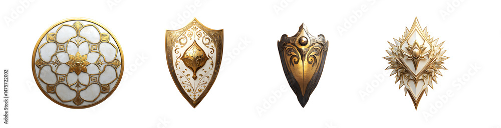 Poster set of ornate shields in various decorative styles. isolated on transparent background